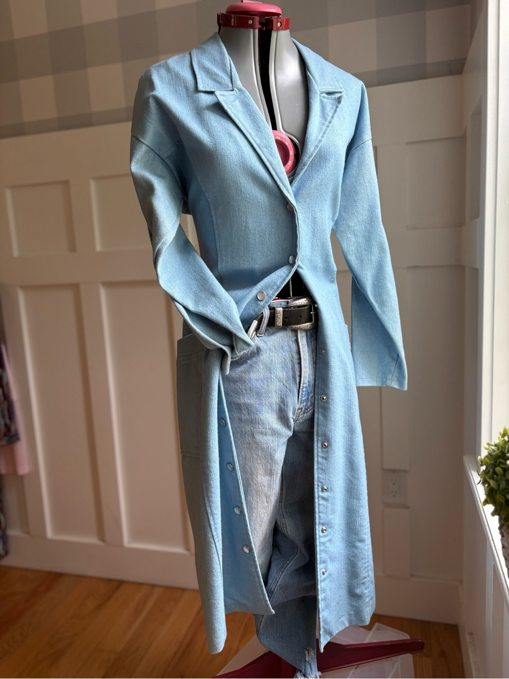 Vintage 70’s Avon Sky Blue Denim Long Button-Front Trench Coat Large